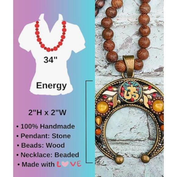 Bohemian Necklace Wooden Beads Crescent Moon Pendant Tribal Vintage Style - Picture 5 of 6